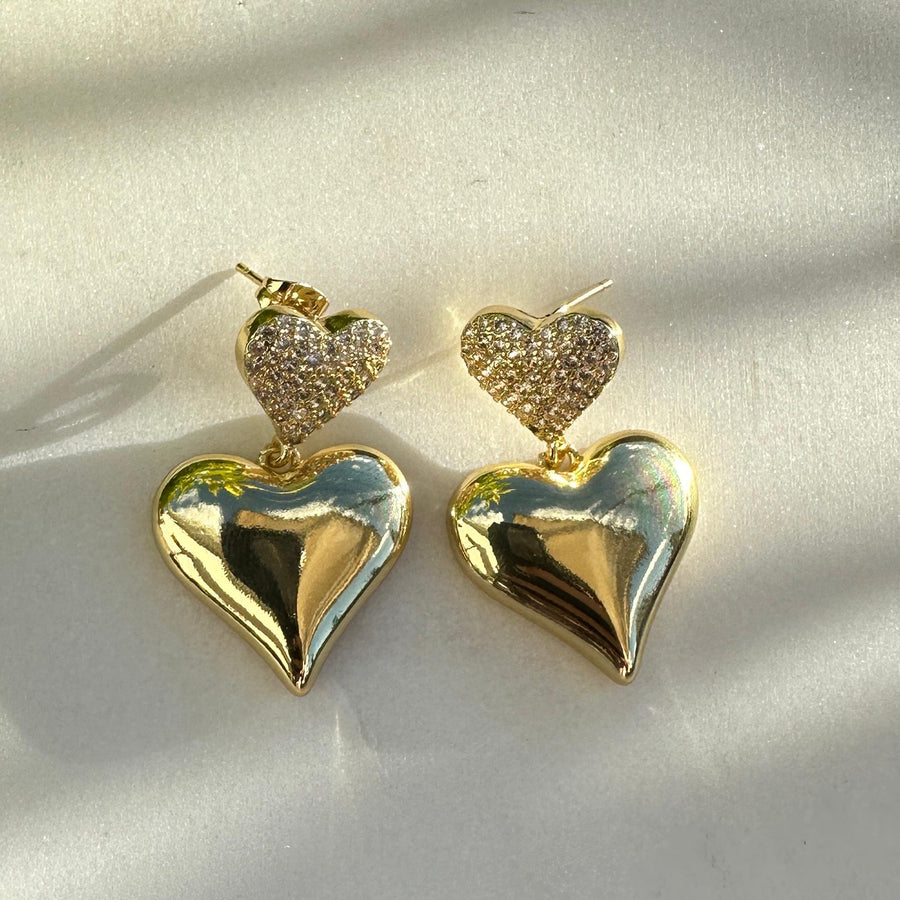 Double heart pave dangle earrings